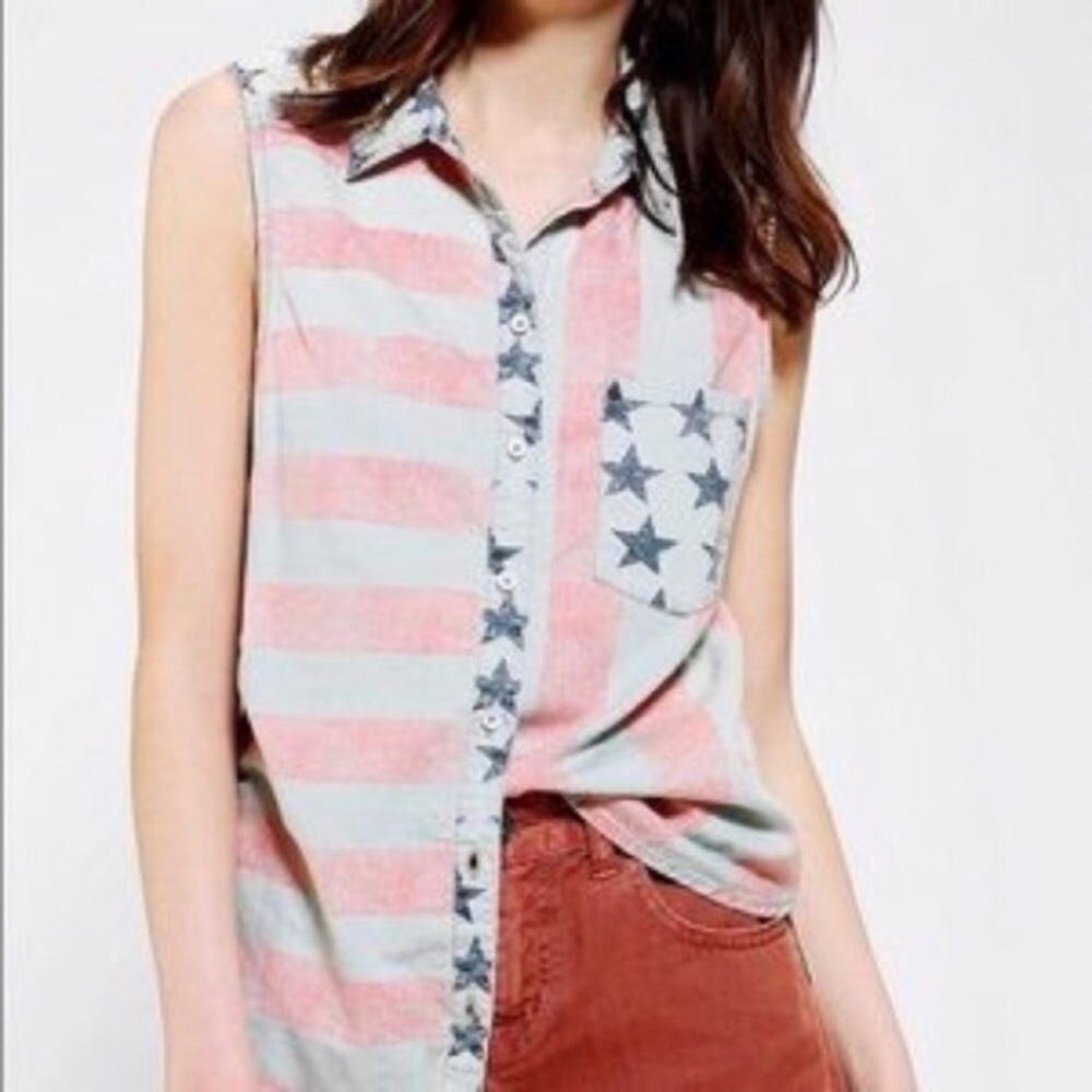 BDG American Flag Denim Button Down Sleeveless Top